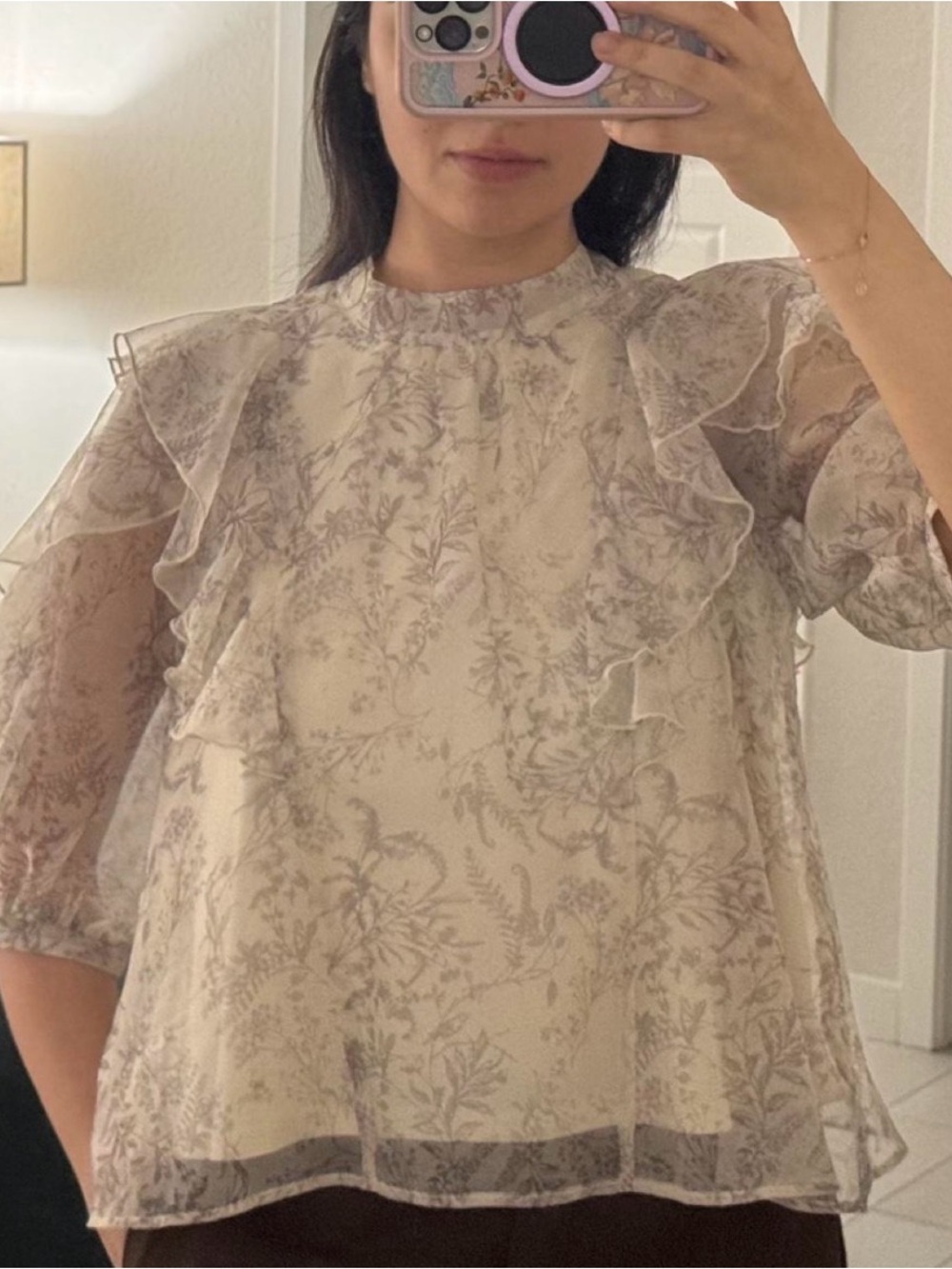 Sheer Floral Ruffle Blouse in Light Lavender - Women's Top